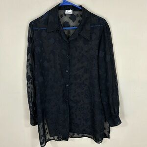 Jaclyn Smith Black Semi-sheer Roses Button Down Tunic Top Size Medium